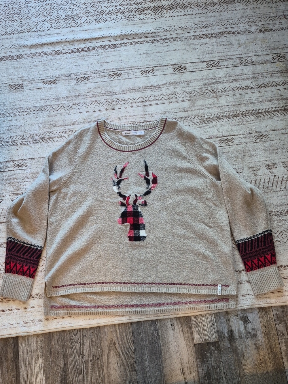 Woolrich Beige Crewneck Sweater with Plaid Deer Motif